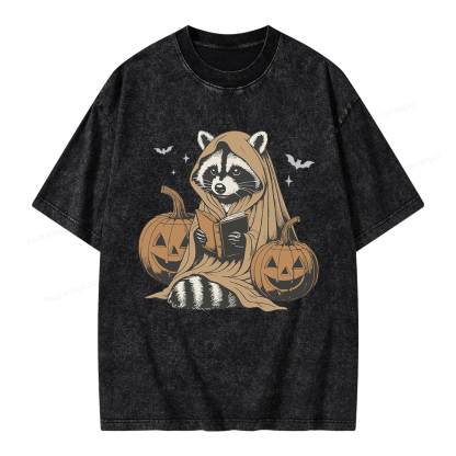 Pagewings Halloween Cute Raccoon Ghost Reading Unisex Washed T-shirt