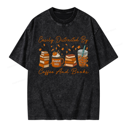 Pagewings Easily Distracted By Coffee And Books Unisex Washed T-shirt