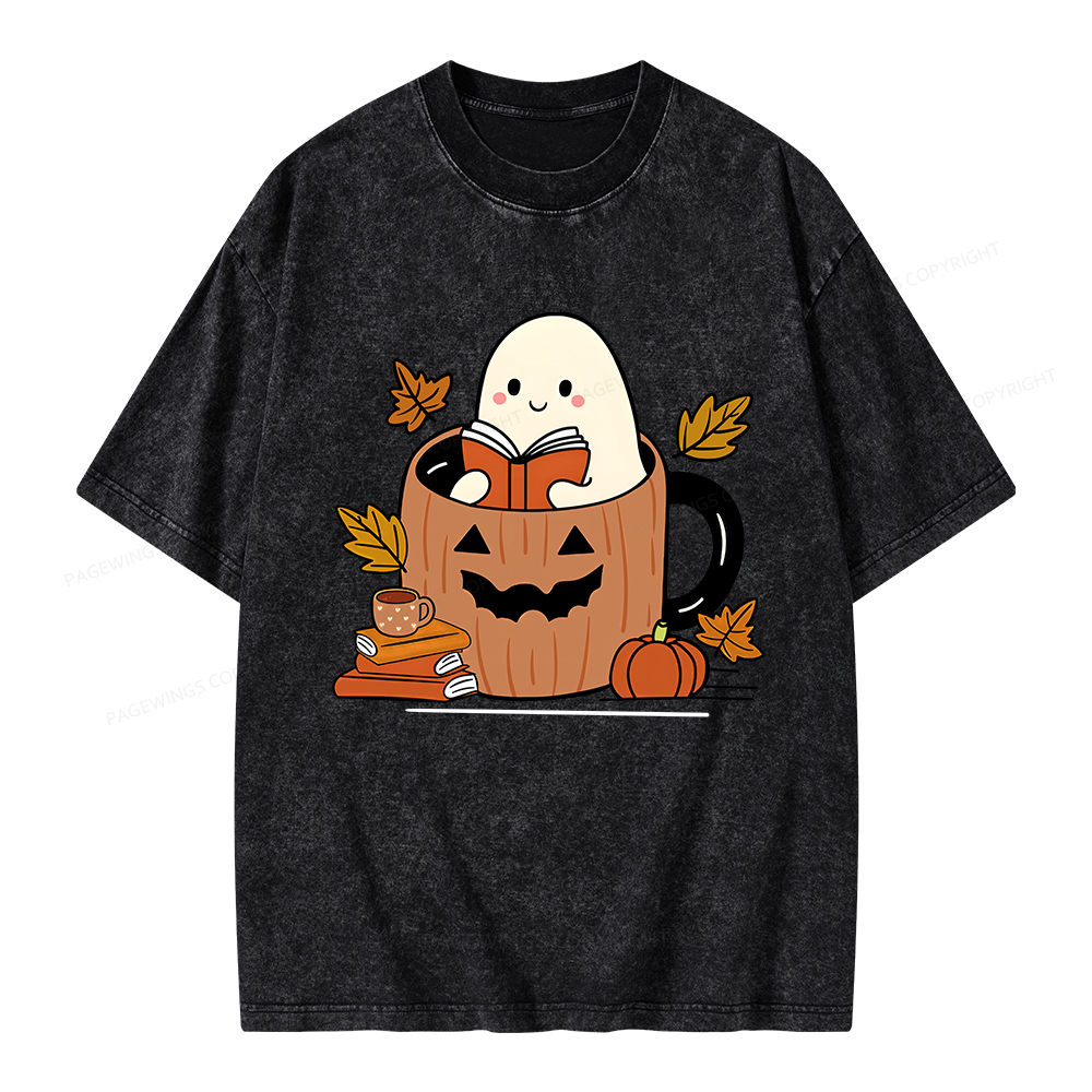 Pagewings Ghost Reading Books Unisex Washed T-shirt