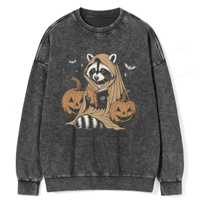 Pagewings Halloween Cute Raccoon Ghost Reading Unisex Washed Sweatshirt