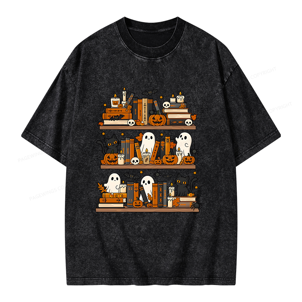 Pagewings Spooky Bookshelf Unisex Washed T-shirt