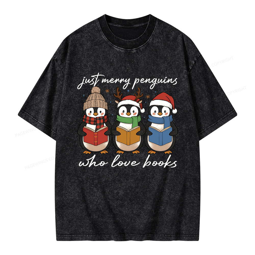 Pagewings Just Merry Penguins Who Love Books Unisex Washed T-shirt