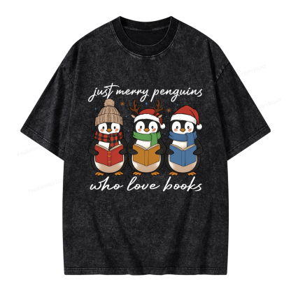 Pagewings Just Merry Penguins Who Love Books Unisex Washed T-shirt