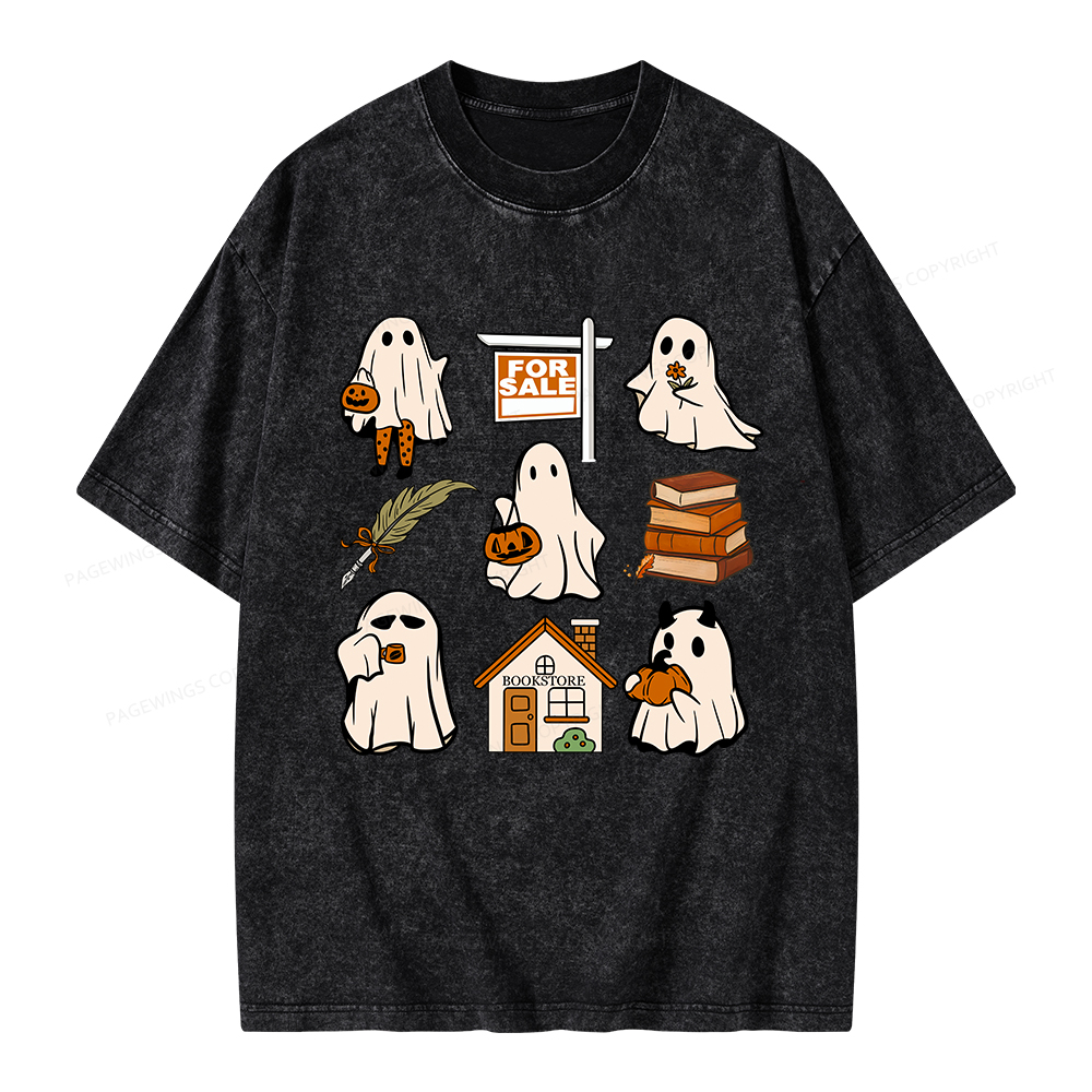 Pagewings Halloween Ghosts Going To Buy Books Unisex Washed T-shirt