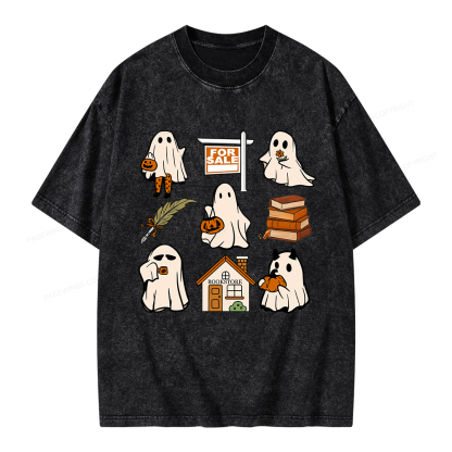 Pagewings Halloween Ghosts Going To Buy Books Unisex Washed T-shirt
