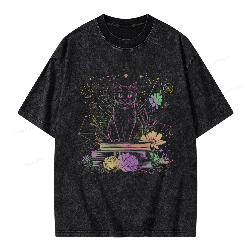 Pagewings Black Cat Book Lover Unisex Washed T-shirt