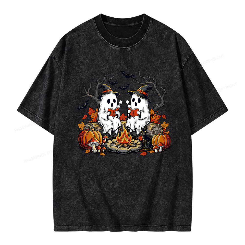Pagewings Bookish Ghost Halloween Fall Camping  Unisex Washed T-shirt