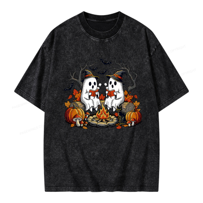 Pagewings Bookish Ghost Halloween Fall Camping  Unisex Washed T-shirt