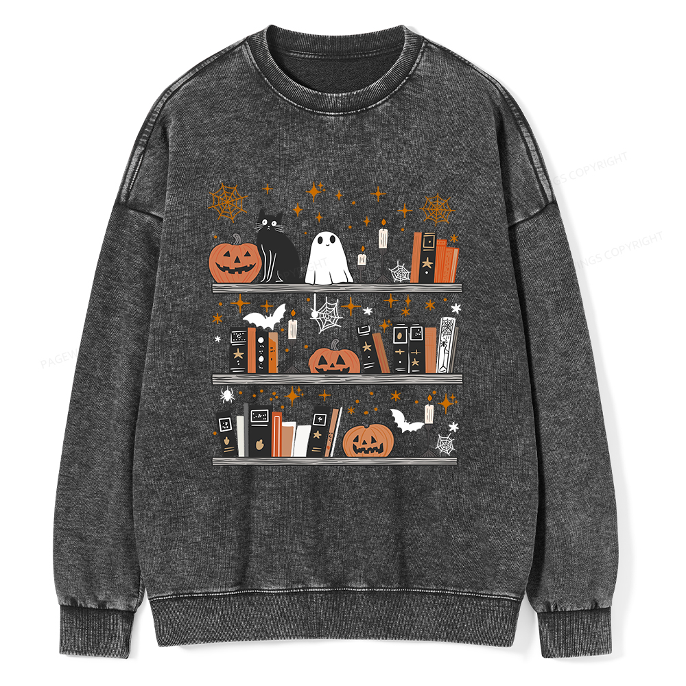 Pagewings Halloween Book Shelf Summerween Unisex Washed Sweatshirt