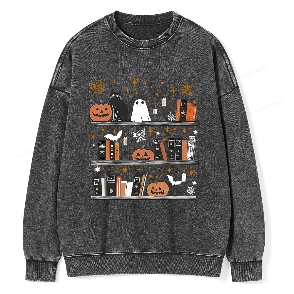Pagewings Halloween Book Shelf Summerween Unisex Washed Sweatshirt