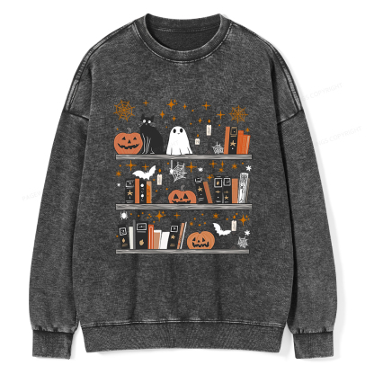 Pagewings Halloween Book Shelf Summerween Unisex Washed Sweatshirt