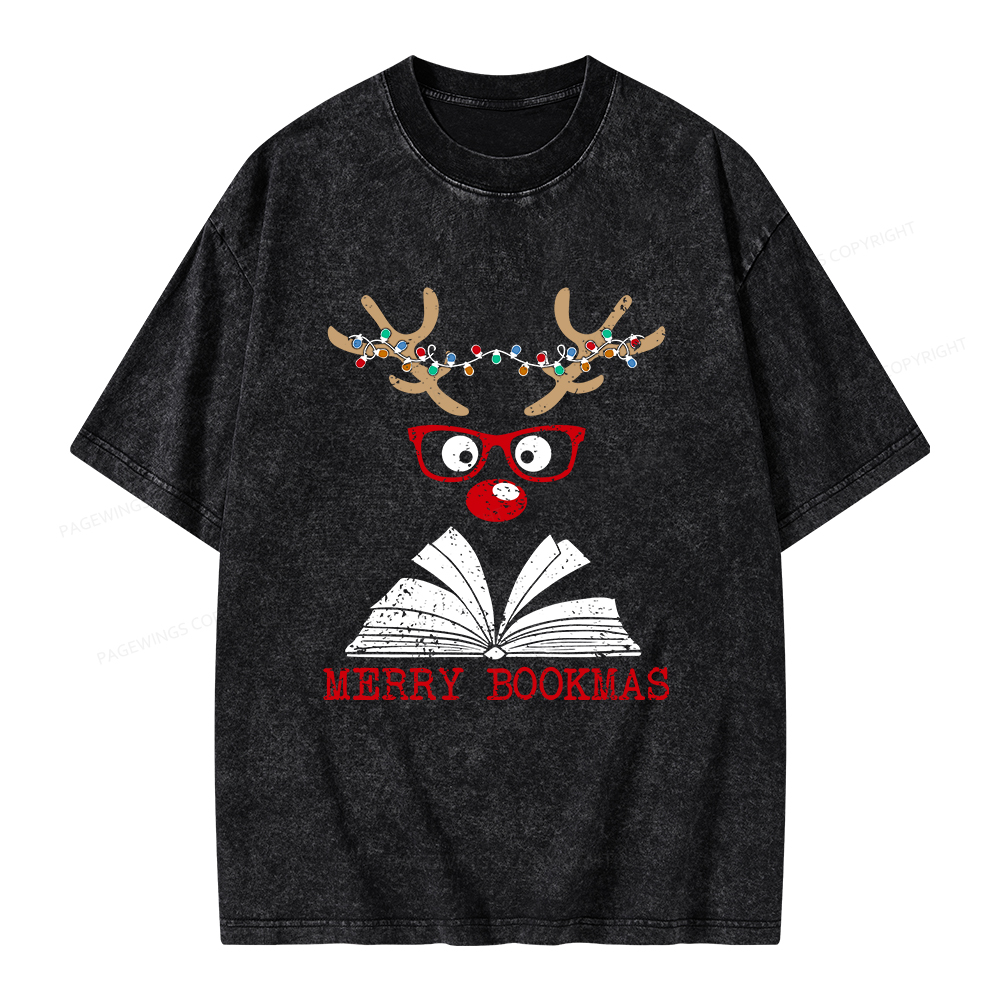 Pagewings Christmas Reindeer Reading Unisex Washed T-shirt