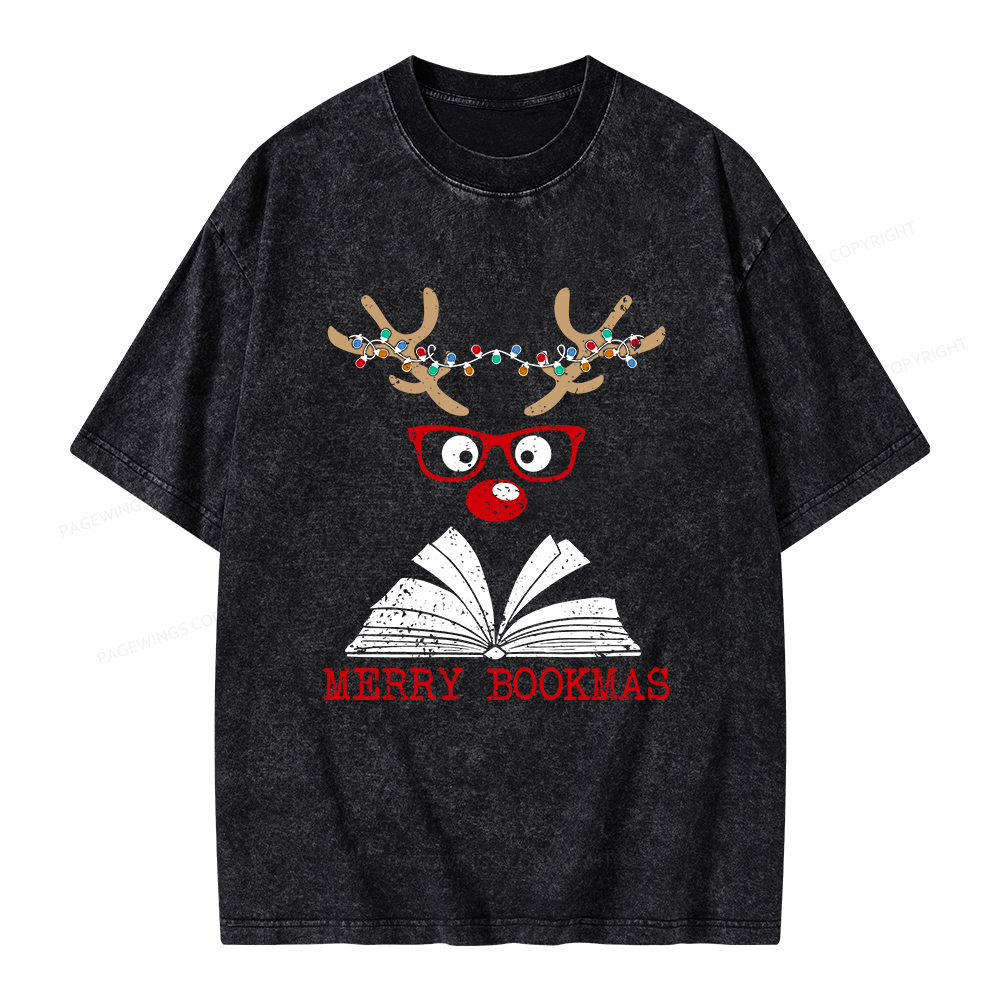 Pagewings Christmas Reindeer Reading Unisex Washed T-shirt