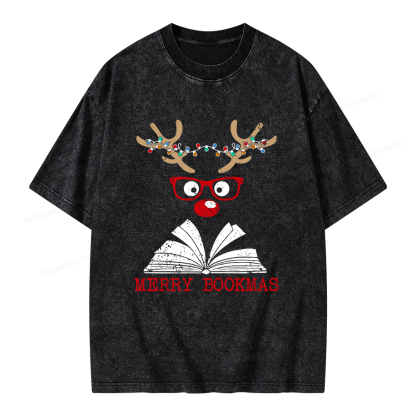 Pagewings Christmas Reindeer Reading Unisex Washed T-shirt