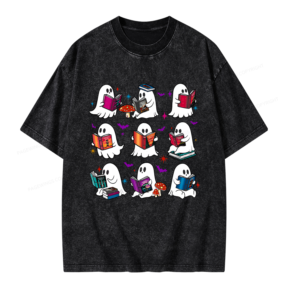 Pagewings Ghost Reading Book Unisex Washed T-shirt