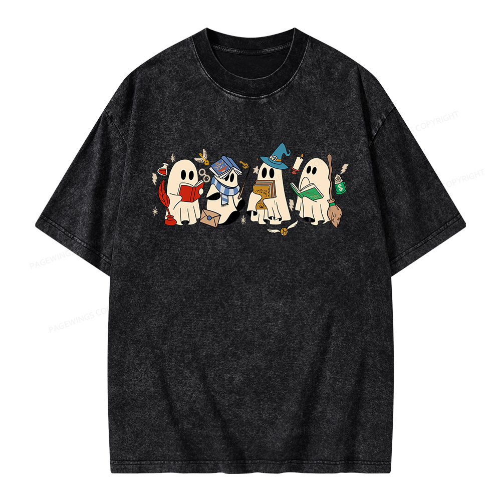 Pagewings Ghost Reading Books Unisex Washed T-shirt