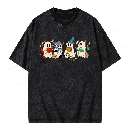 Pagewings Ghost Reading Books Unisex Washed T-shirt