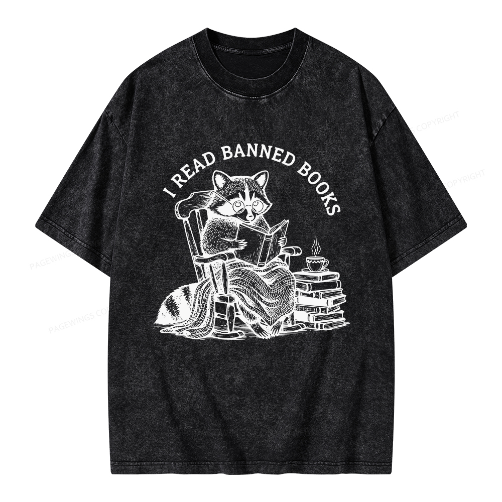 Pagewings I Read Banned Books Raccoon Reading Unisex Washed T-shirt