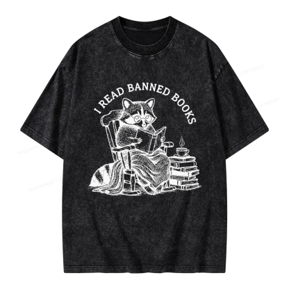 Pagewings I Read Banned Books Raccoon Reading Unisex Washed T-shirt