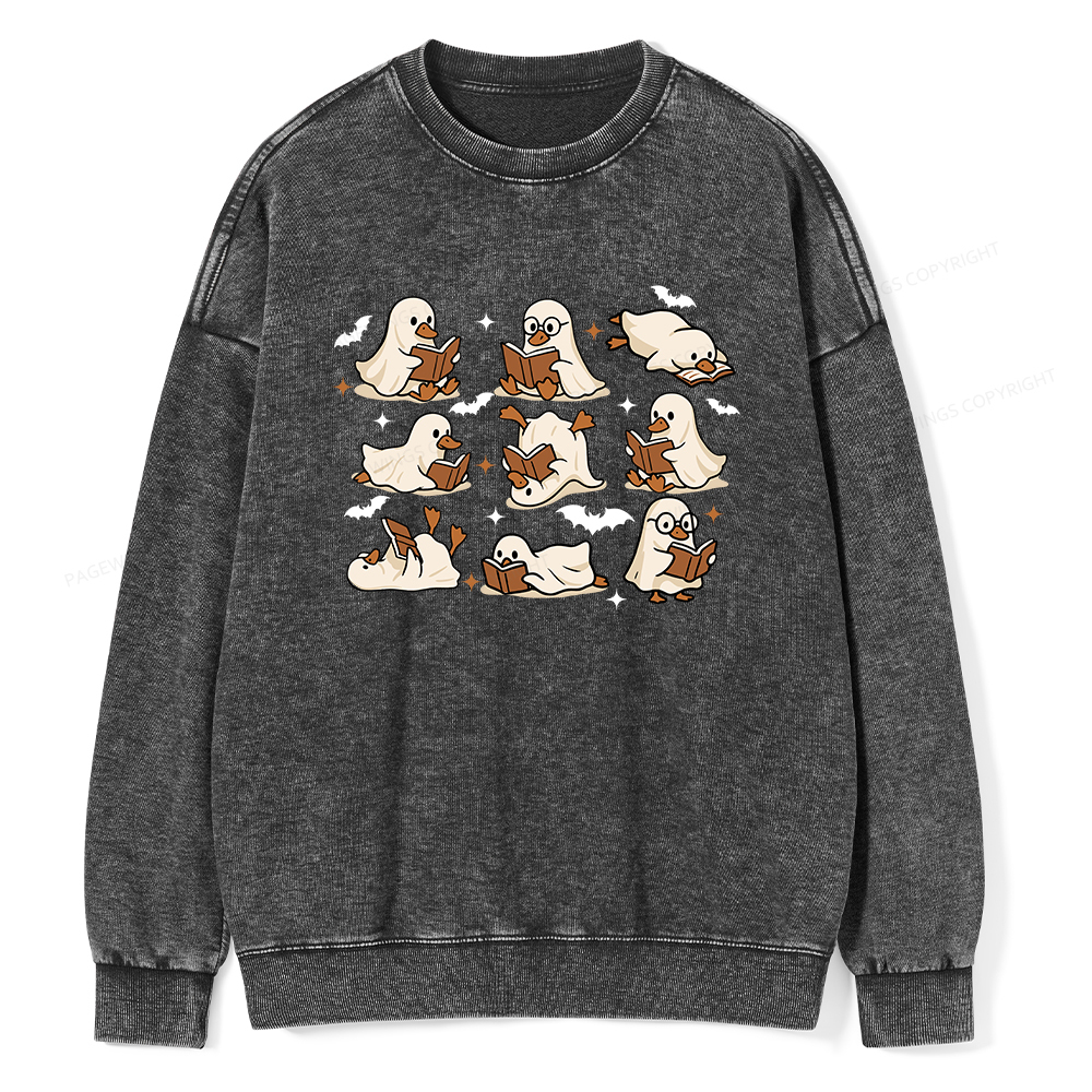 Pagewings Ghost Duck Reading Books Unisex Washed Sweatshirt