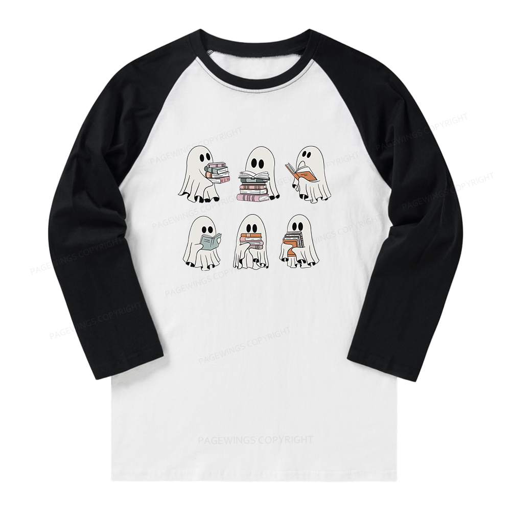 Pagewings Ghost Reading Halloween Long Sleeve Raglan T-shirt