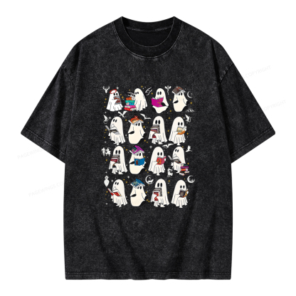 Pagewings Retro Ghost Book Fantasy Unisex Washed T-shirt