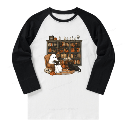 Pagewings Halloween Ghost Reading Books Long Sleeve Raglan T-shirt