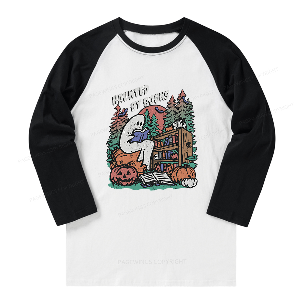 Pagewings Ghost Reading Book Halloween Long Sleeve Raglan T-shirt
