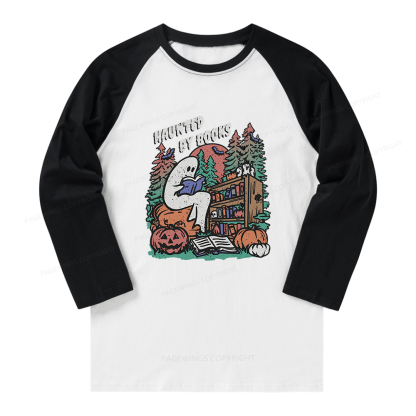 Pagewings Ghost Reading Book Halloween Long Sleeve Raglan T-shirt