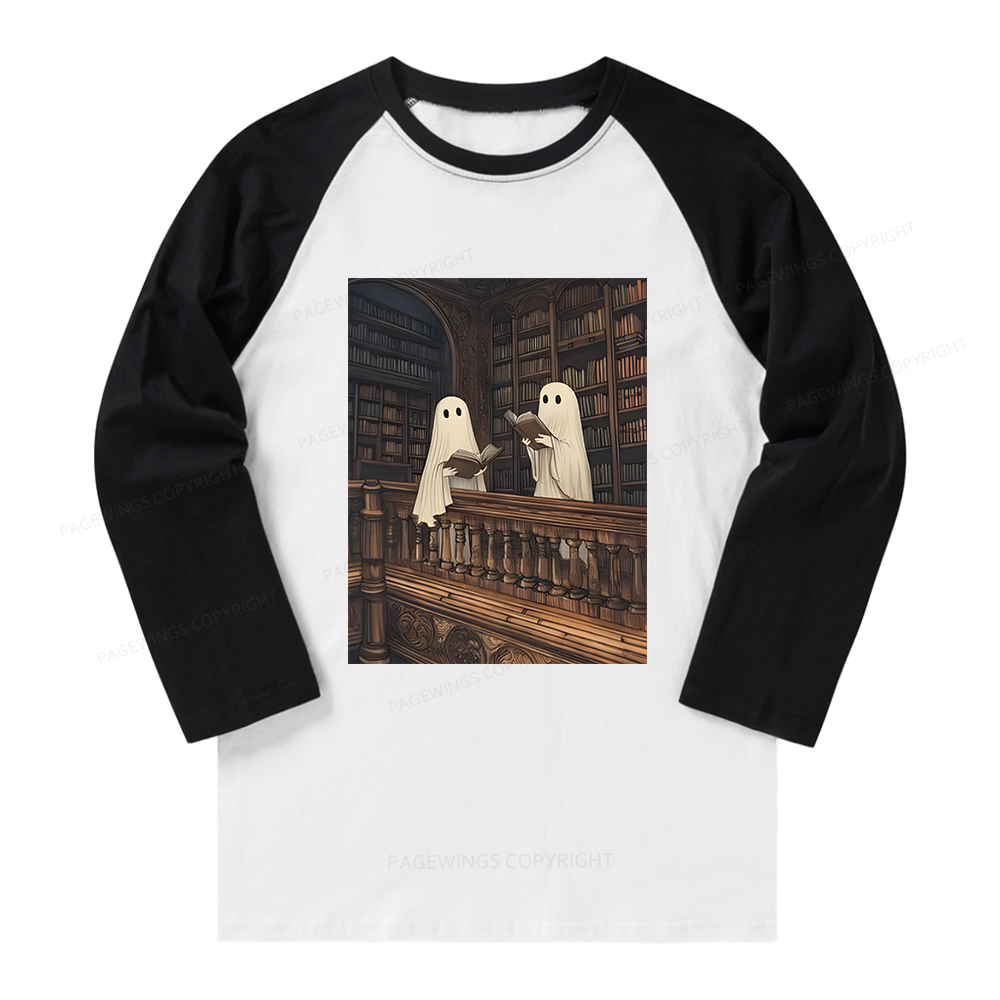 Pagewings Halloween Ghost Reading Long Sleeve Raglan T-shirt