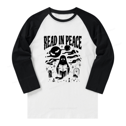 Pagewings Halloween Read In Peace Ghost Reading Long Sleeve Raglan T-shirt