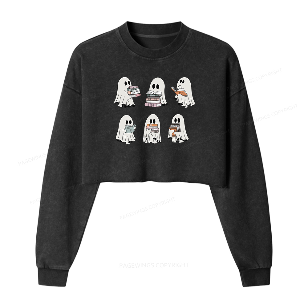 Pagewings Ghost Reading Halloween Women Washed Crop Sweatshirt