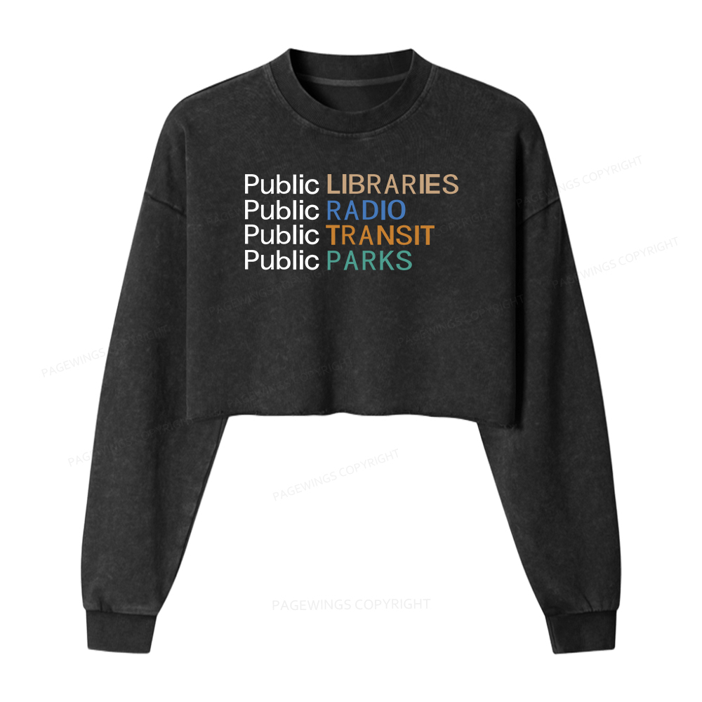 Pagewings Public Libraries Radio Transit Parks Women Washed Crop Sweatshirt