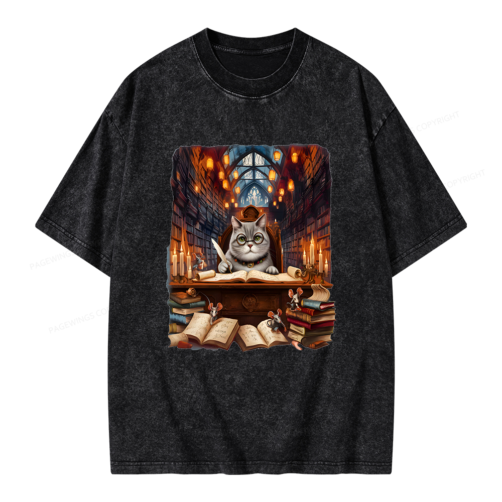 Pagewings Cat Books Unisex Washed T-shirt