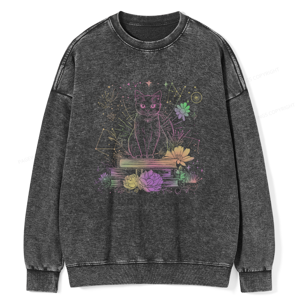 Pagewings Black Cat Book Lover Unisex Washed Sweatshirt