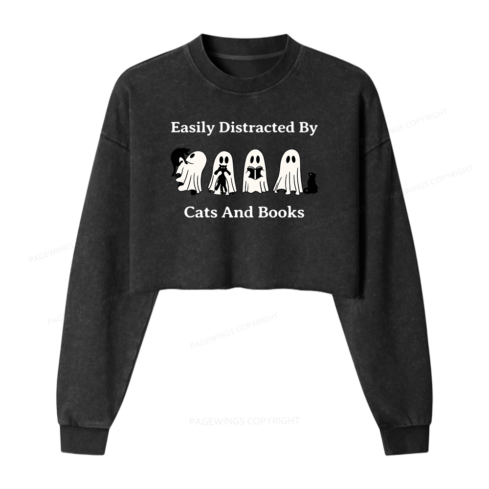 Pagewings Easily Distracted By Cats And Books Women Washed Crop Sweatshirt