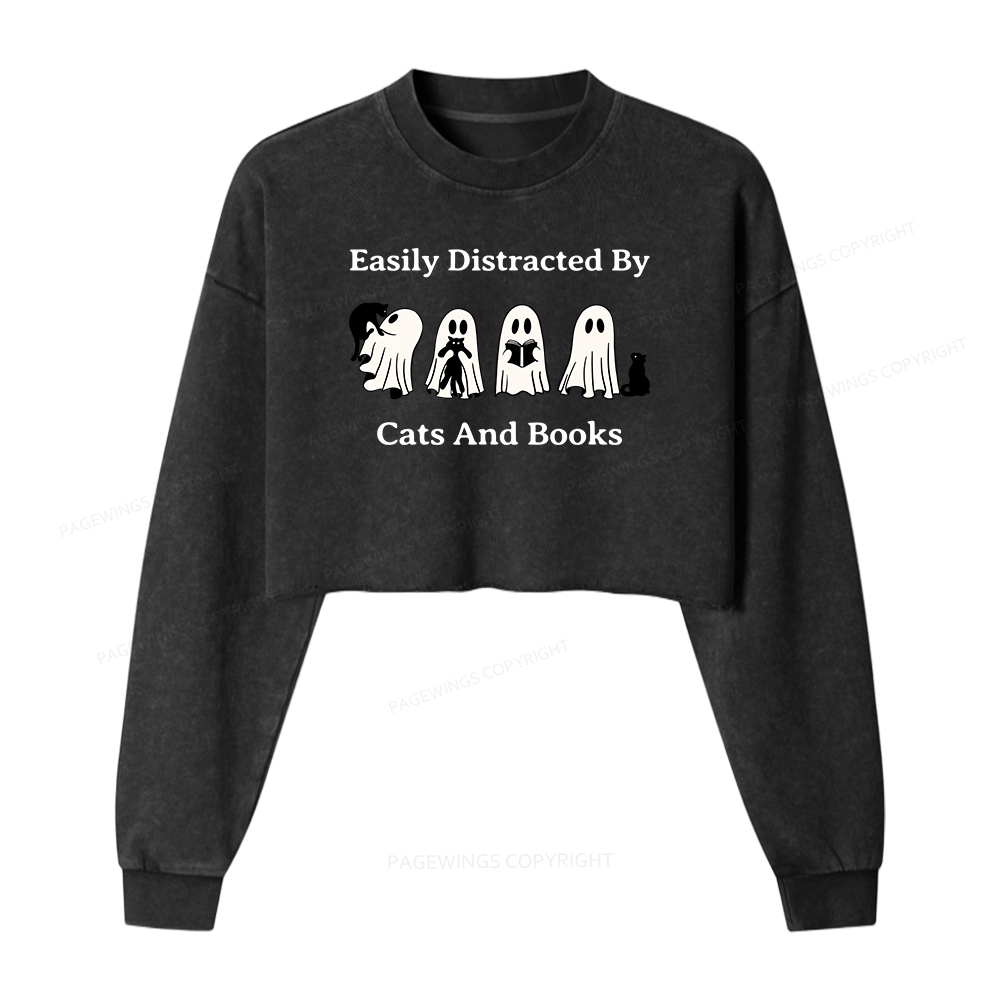Pagewings Easily Distracted By Cats And Books Women Washed Crop Sweatshirt