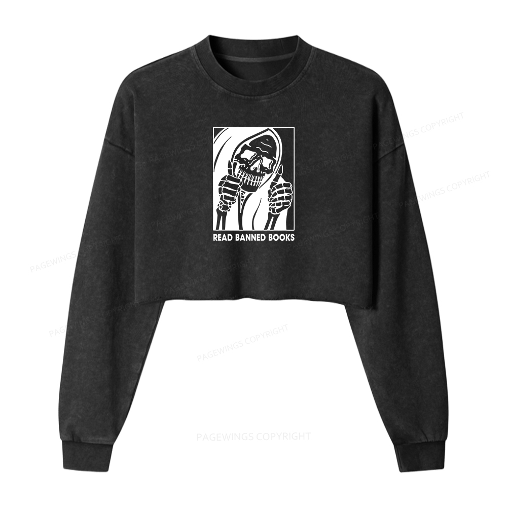 Pagewings Read Banned Books Women Washed Crop Sweatshirt