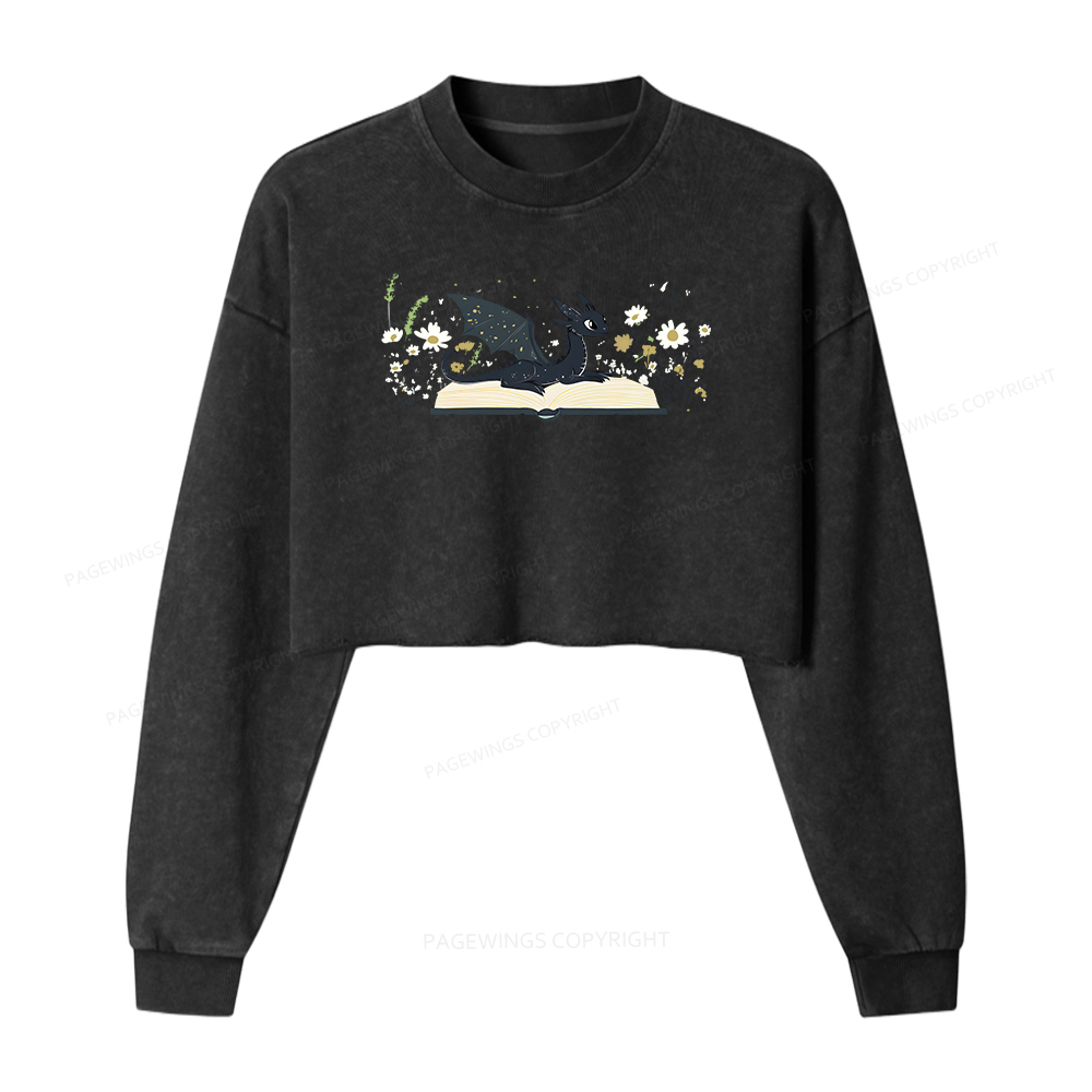 Pagewings Dragon Book Women Washed Crop Sweatshirt