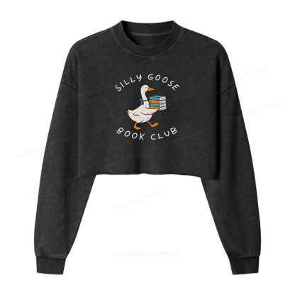 Pagewings Silly Goose Book Club Women Washed Crop Sweatshirt
