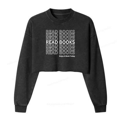 Pagewings Read Books Librarian Women Washed Crop Sweatshirt