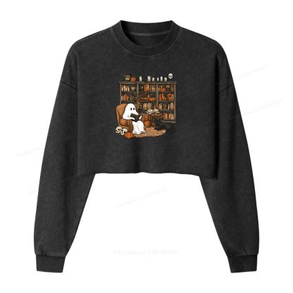 Pagewings Halloween Ghost Reading Books Women Washed Crop Sweatshirt