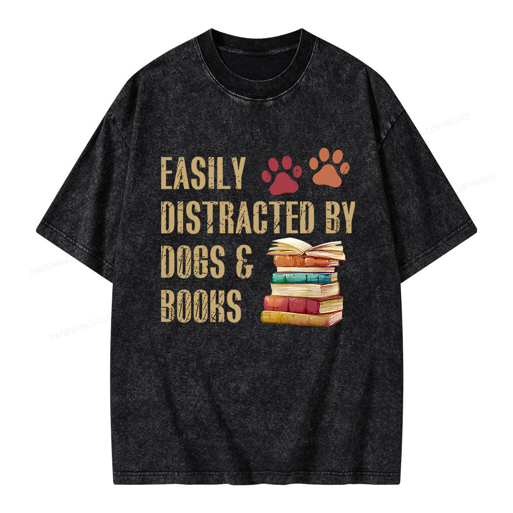 Pagewing Easily Distracted By Dogs And Books Unisex Washed T-shirt