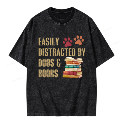 Pagewing Easily Distracted By Dogs And Books Unisex Washed T-shirt