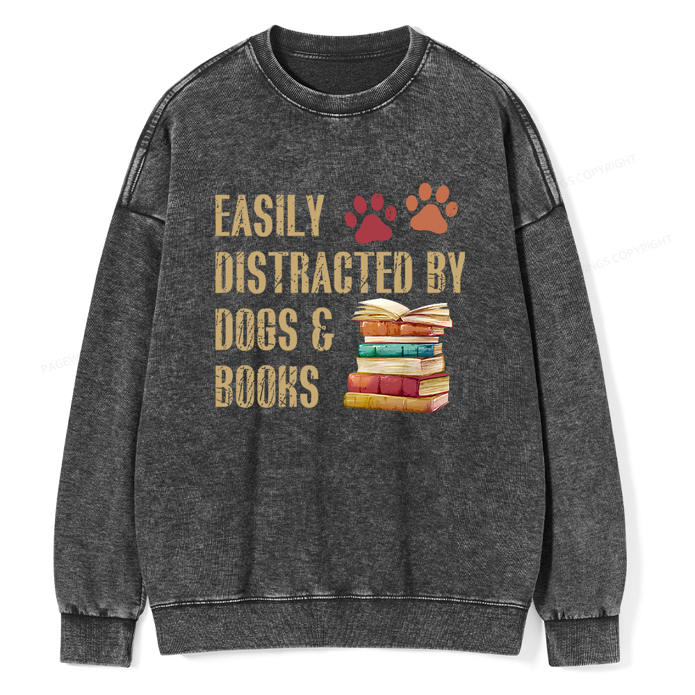 Pagewing Easily Distracted By Dogs And Books Unisex Washed Sweatshirt