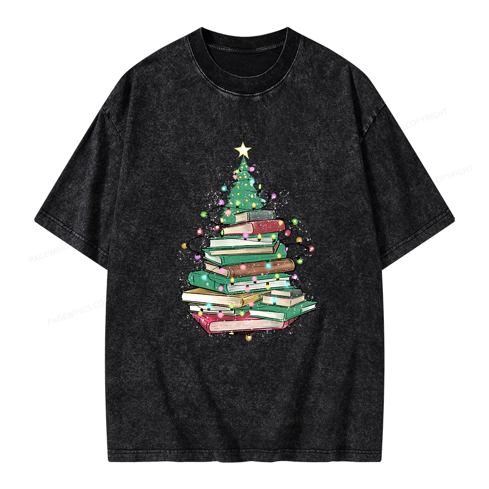 Pagewings Christmas Book Tree Unisex Washed T-shirt