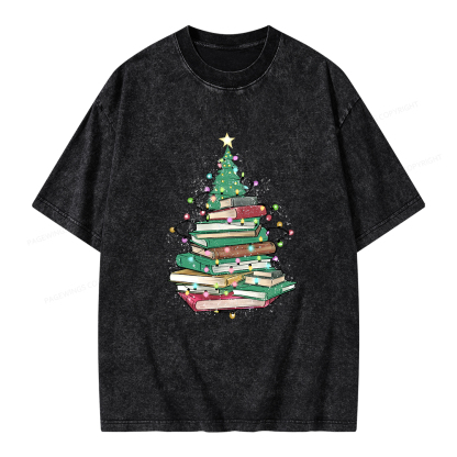 Pagewings Christmas Book Tree Unisex Washed T-shirt