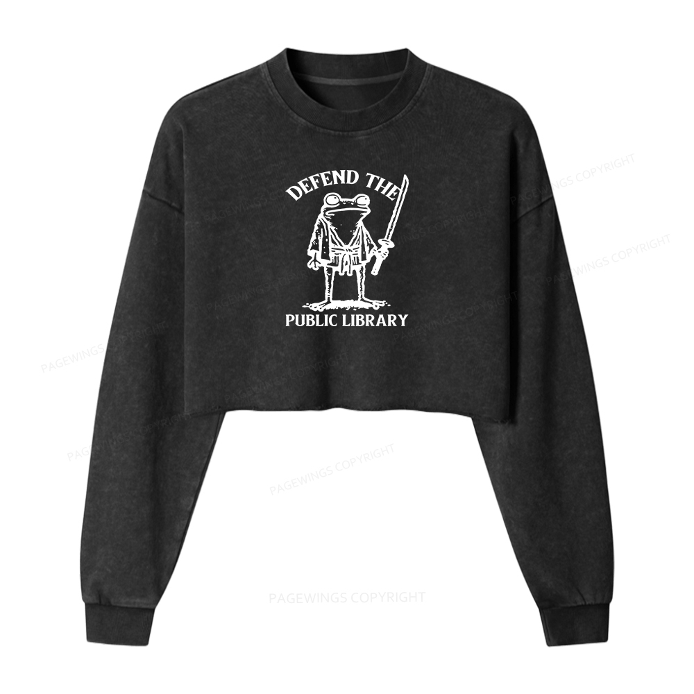 Pagewings Defend Your Public Library Women Washed Crop Sweatshirt