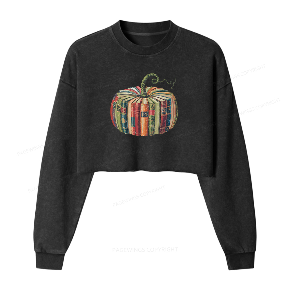 Pagewings Fall Book Pumpkin Women Washed Crop Sweatshirt