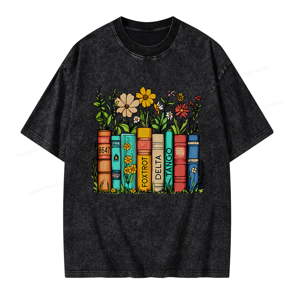 Pagewings Flowers and Books Unisex Washed T-shirt